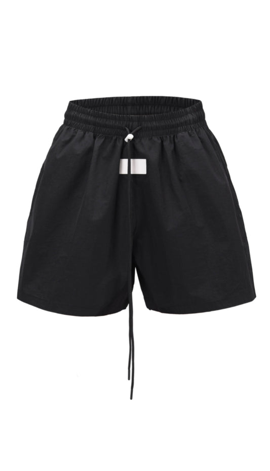 BLACK LONG DRAWSTRING SHORTS